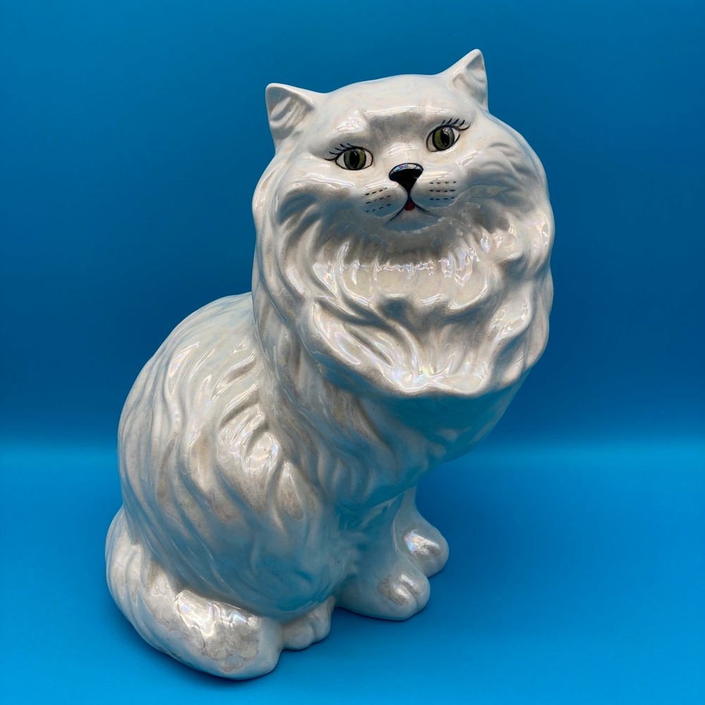 Vintage Iridescent Ceramic Persian Cat Figurine Mother of Pearl Statue